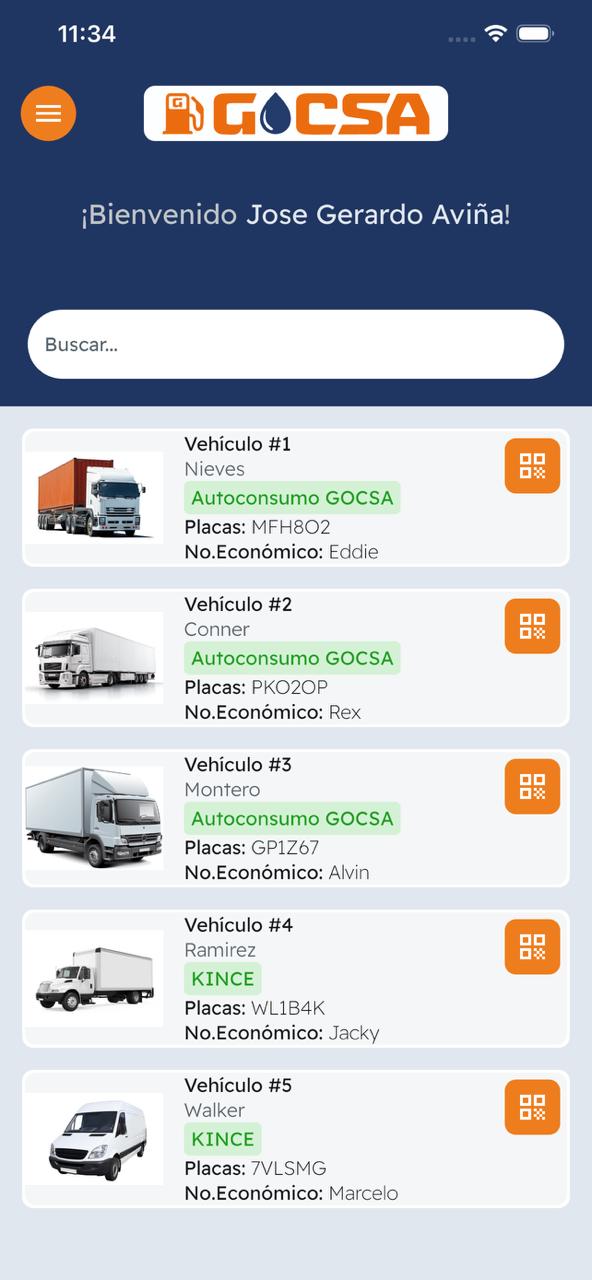 Pantalla principal de la app mostrando la lista de vehiculos de la flota